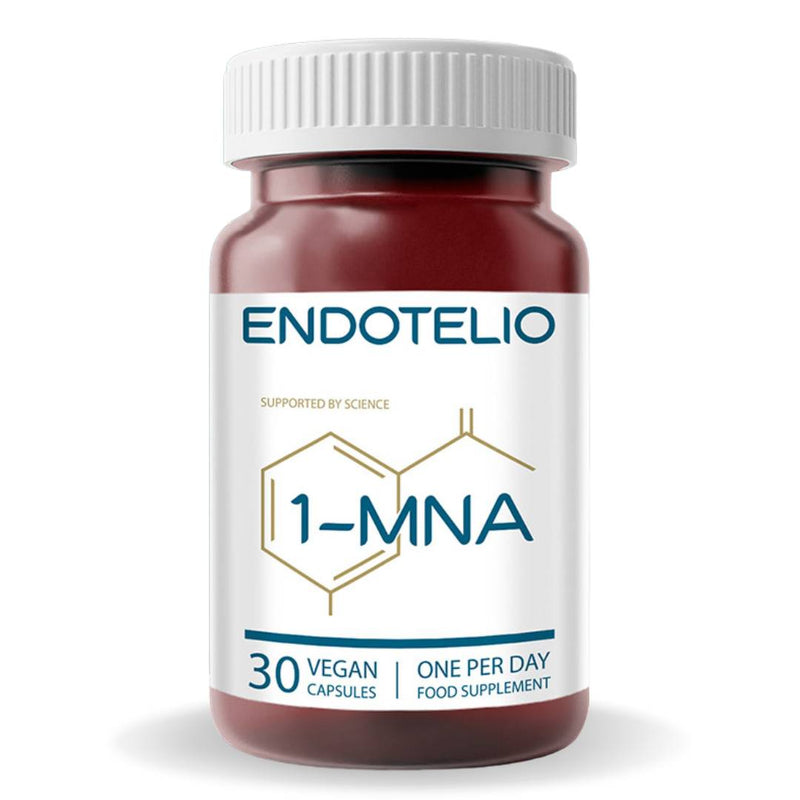 Endotelio 1-MNA supplement bottle supporting blood flow, energy, and longevity