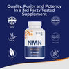 NMNBIO NMN 500mg label closeup showing quality, purity and potency 3rd party tested supplement badge