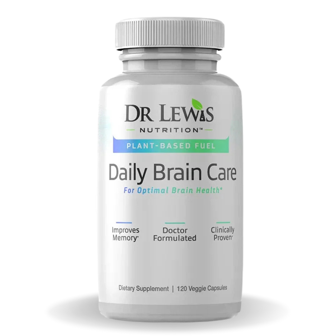 White Supplement Bottle with Dr Lewis Nutrition Logo containing 120 Capsules of Daily Brain Care Dietary Supplement For Optimal Brain Health Improve Memory Cognitive Function Immune Function Reduce Inflammation Improve Focus & Wellbeing 