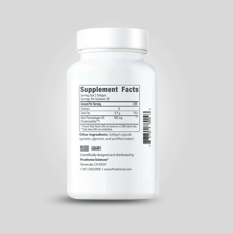 ProdromeGLIA softgels supplement facts label showing 900mg Glial Plasmalogen Oil per serving, 60 softgels