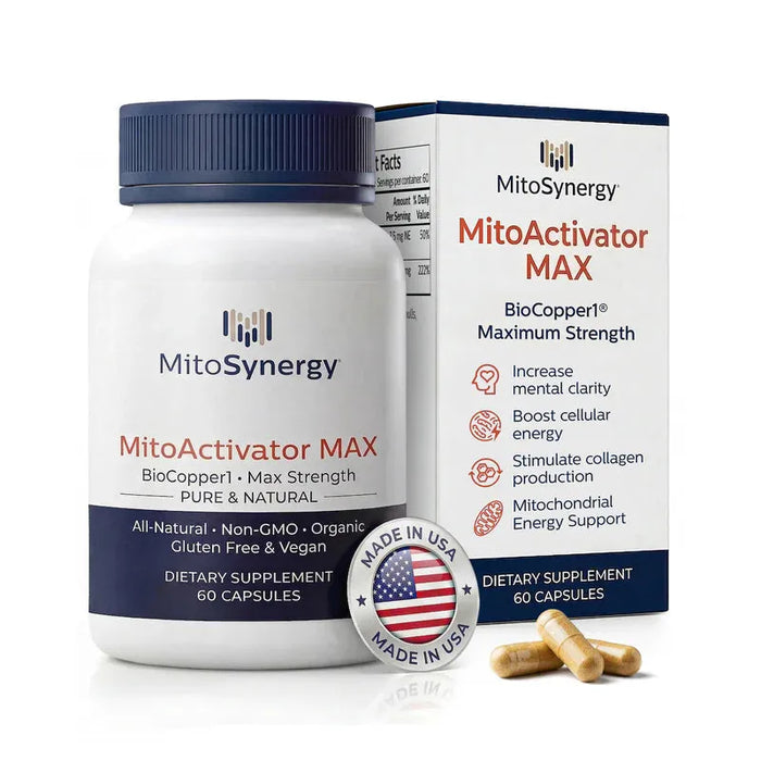 MitoActivator MAX BioCopper1 supplement bottle and box with capsules, 60 count, Made in USA