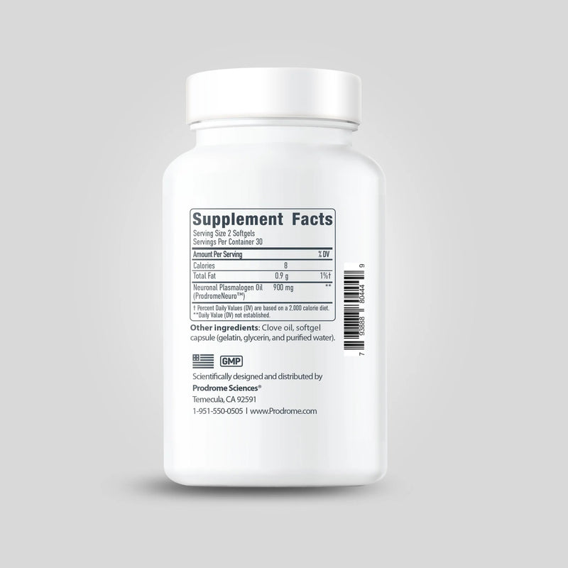 ProdromeNEURO 60 Softgels bottle with Supplement Facts label showing Neuronal Plasmalogen Oil 900mg