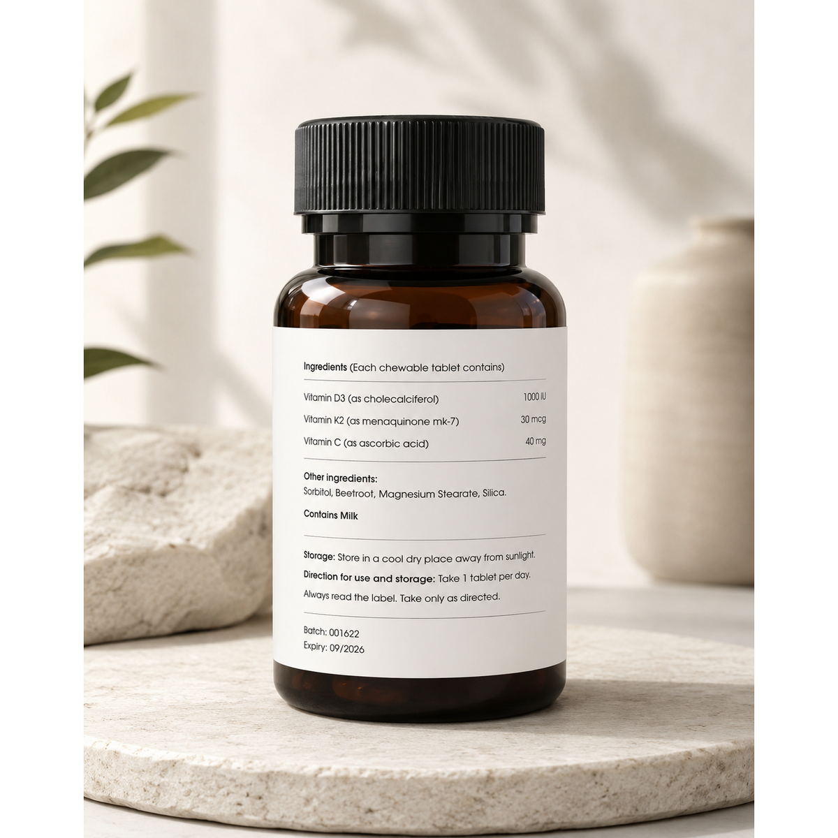 Vitamin D3 1000 IU with K2 (MK-7) & Vitamin C — Immune, Bone & Mood Support | 60 Chewables