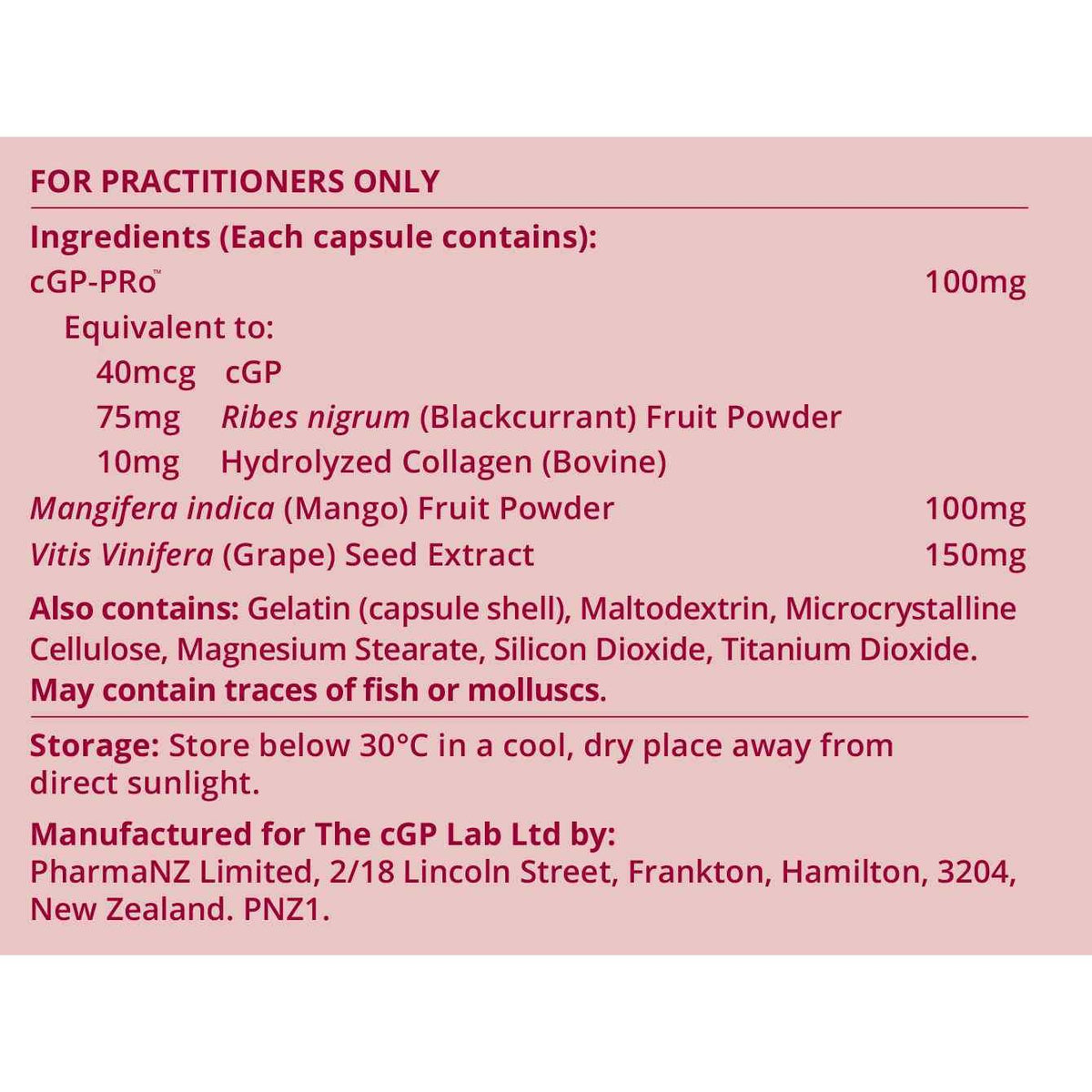 cGPMAX Cardiovascular Health ingredients label with cGP-PRo, Mango fruit powder, and Grape seed extract details