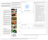 Three pages fanned from a myDNA Comprehensive Health Report: the health report introduction, the personalised DNA-based grocery list and the APOE status page