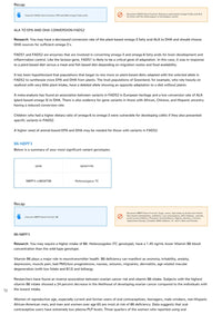 Sample page from the myDNA report's clinical research summary, showing the FADS2 and NBPF3 gene entries with genotype tables and the research behind each finding
