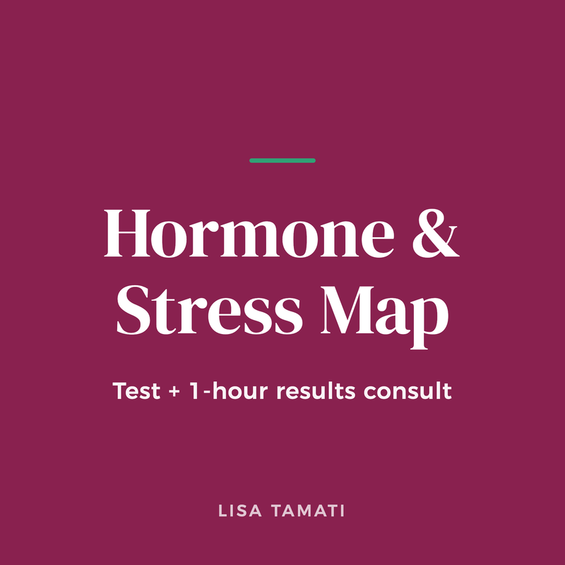 Square plum title card reading Hormone & Stress Map, Test + 1-hour results consult