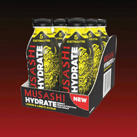 Musashi Hydrate 6 pack in lemon lime flavour, featuring 5 electrolytes for energy, muscle function, and hydration support.