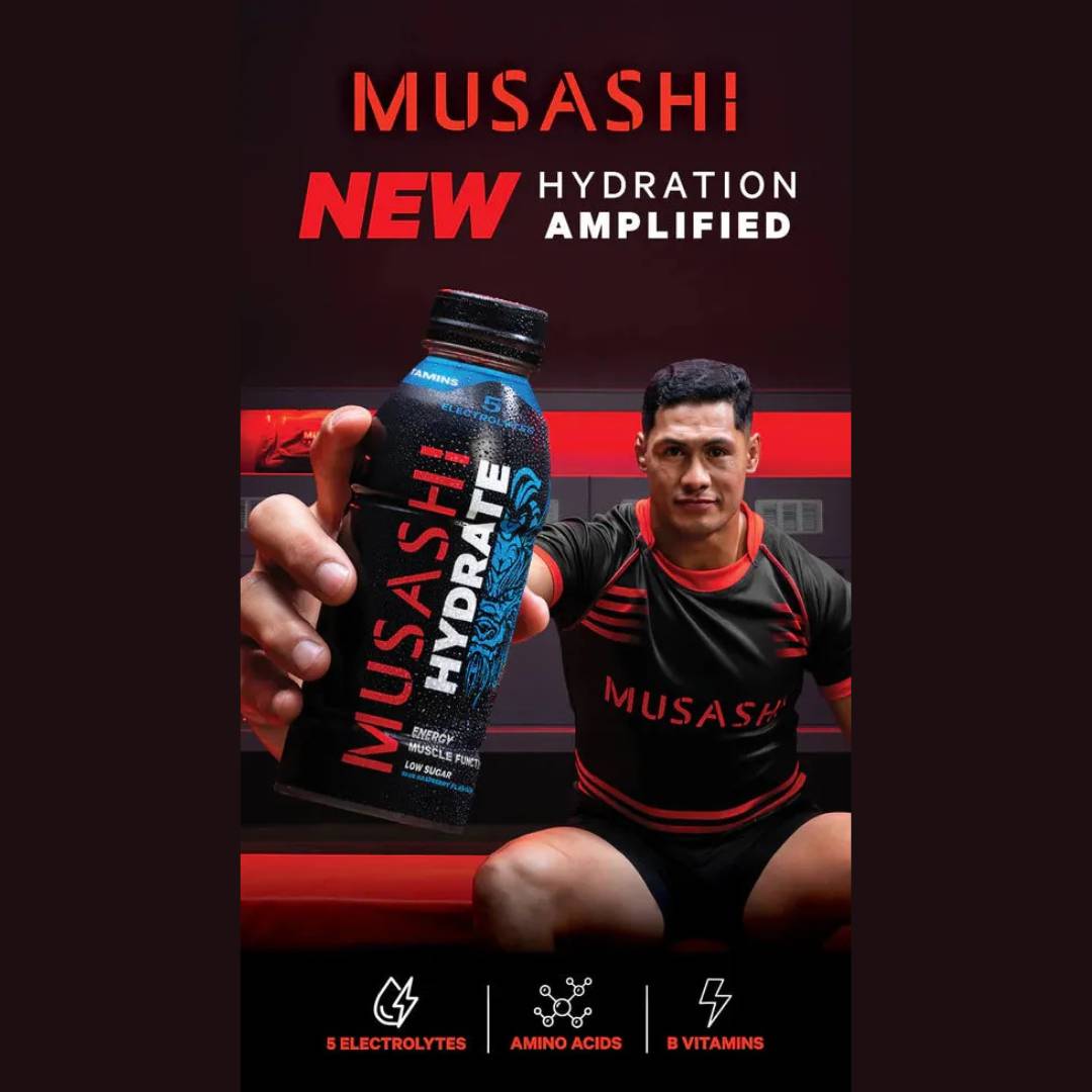 Athlete holding Musashi Hydrate drink featuring 5 electrolytes, amino acids, and B vitamins for amplified hydration and performance.