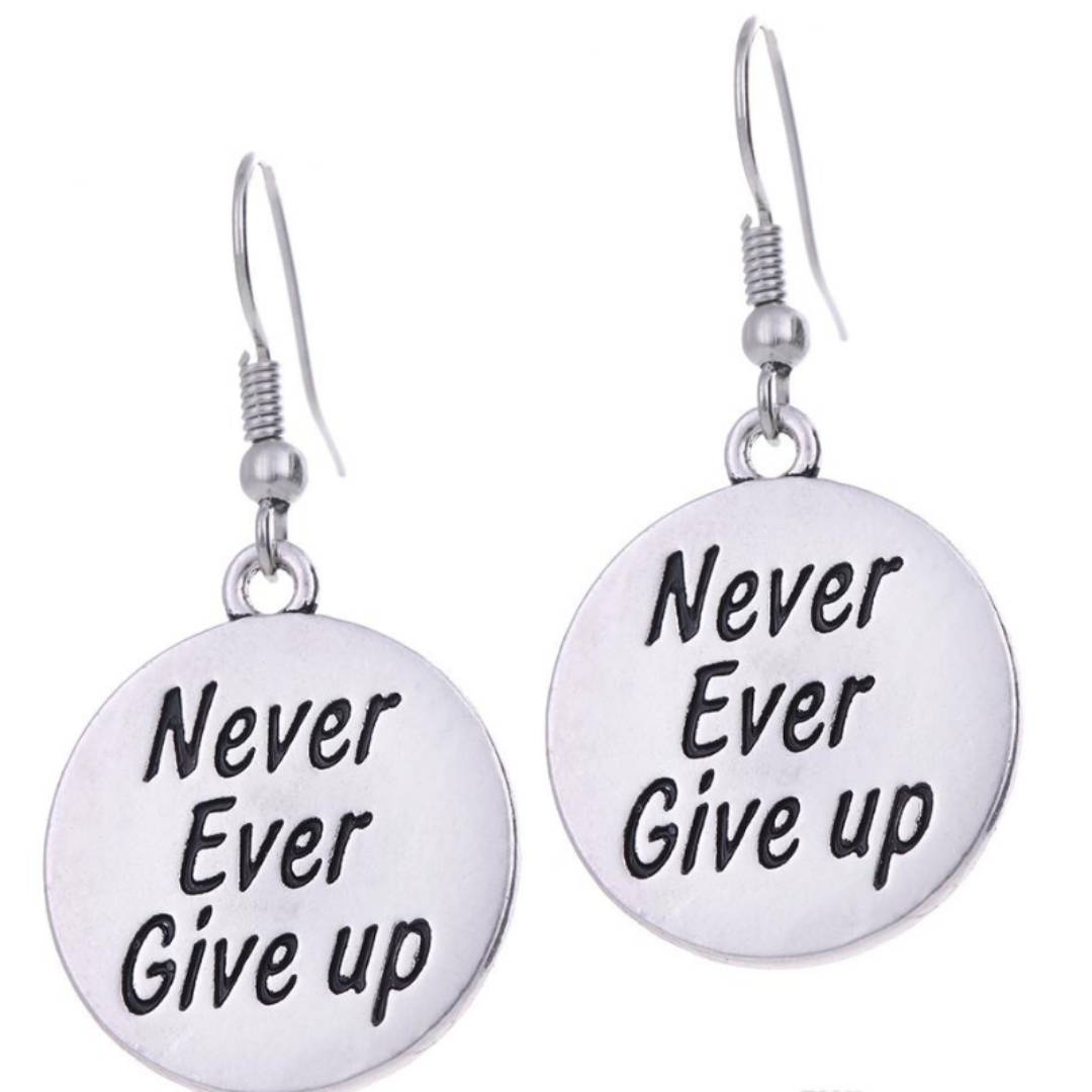 Lisa Tamati Never Ever Give Up earrings – motivational silver jewelry on sterling silver hooks