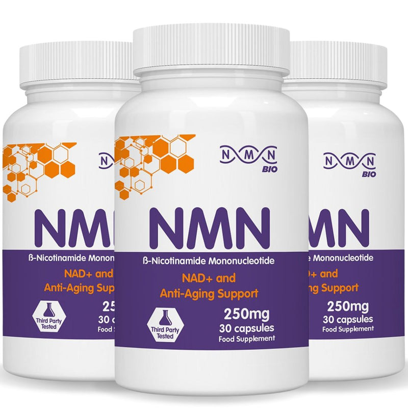 NMNBio NMN 3-bottle bundle, 250mg each for cellular energy, NAD+ production, and longevity support