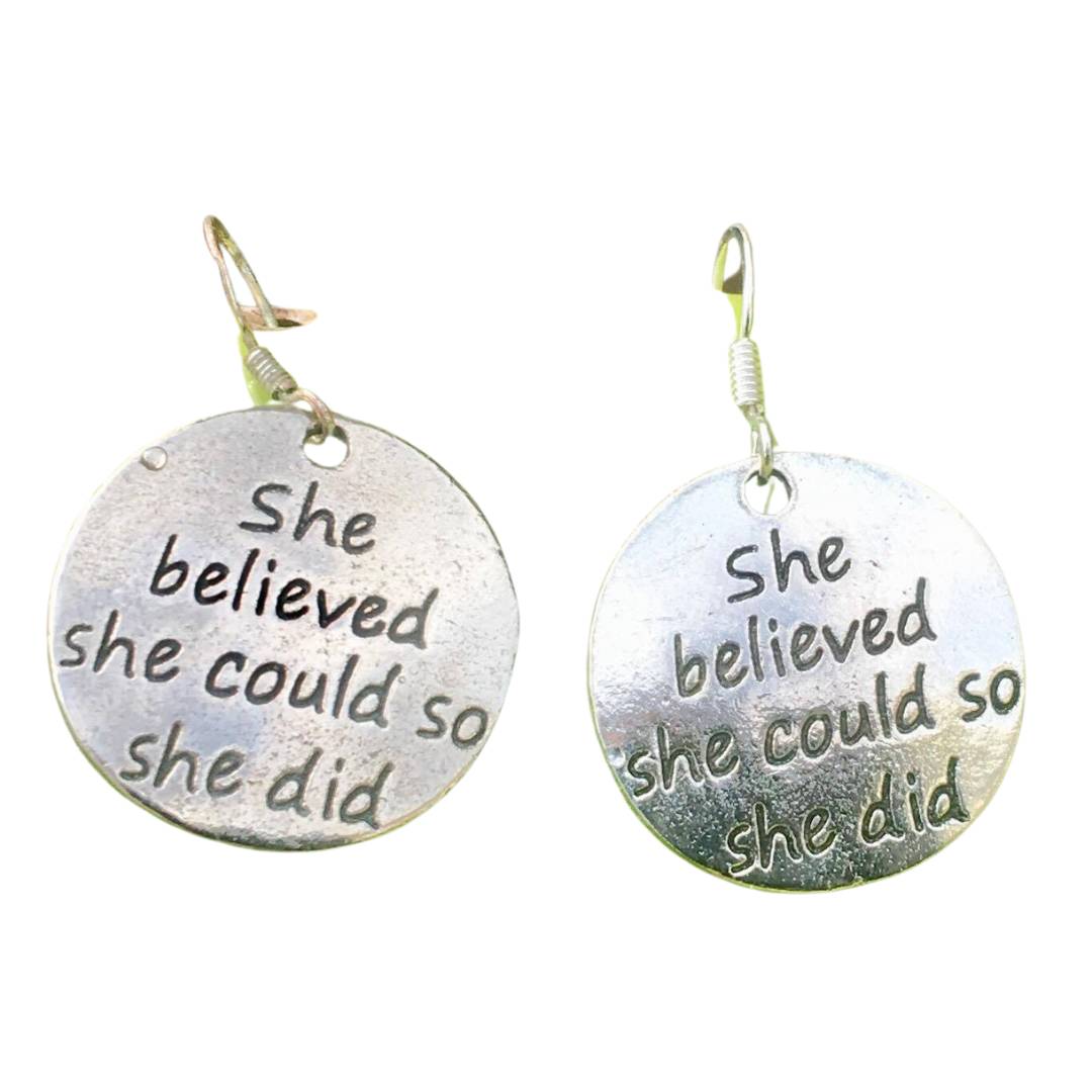 Lisa Tamati She Believed She Could earrings – inspirational silver jewelry with empowering message