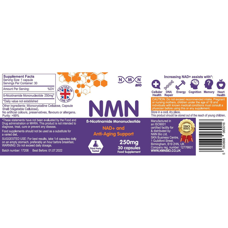 NMN (beta Nicotinamide Mononucleotide) 250mg | 30 capsules